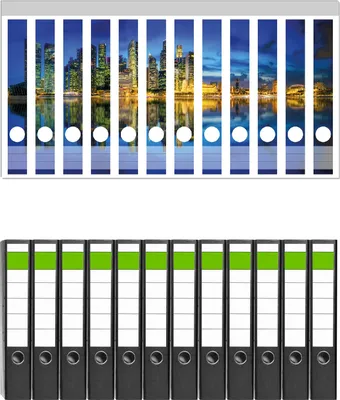 Produktbild von Wallario 12 Stück schmale Ordner inkl. Klebeetiketten mit Motive Skyline von Singapur in der Abenddämmerung -  Set mit Rückenschildern / Ordnerrücken Stickern