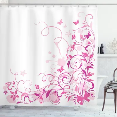 Image de ABAKUHAUS Rideau de douche Rose, feuilles tourbillonnantes avec fleurs et papillons, composition naturelle de rêve, 175 x 240 cm, rose et magenta
