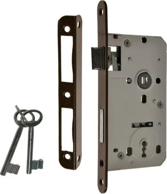 A lock mechanism and two keys are displayed against a white background.