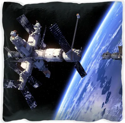 Produktbild von Wallario Premium Kissen, weiche Oberfläche, mit Motiv Raumfahrt - Raumstation und Raumschiff im Weltall, Größe: 30 x 30 cm, mit weißer Rückseite