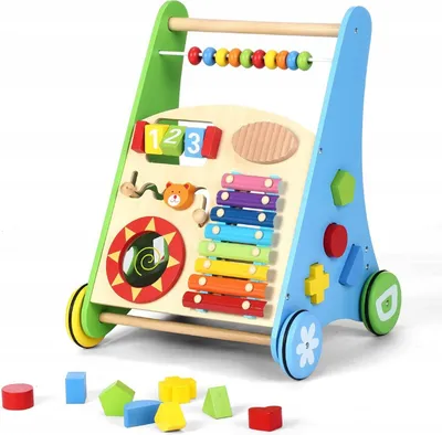 Produktbild von COIL 3-in-1-Kinderwagen aus Holz, Lernspielzeug, Musikspielzeug, Lauflernwagen, Labyrinth,Abakus, Zimbeln, Trommel, Blocksortierer, ab 12 Monate, Bunt