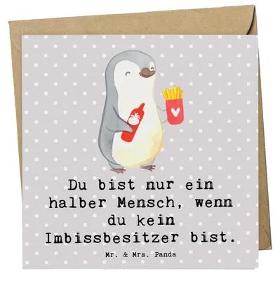 Produktbild von Mr. & Mrs. Panda Grußkarte Imbissbesitzer Herz - Grau Pastell - Geschenk, Imbissverkäufer, Witzig, Lustig, doppelkarte, Pommesliebe, Klappkarte, Spruch, faltkarte
