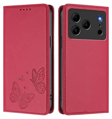 Image de Étui en cuir pour Doogee Note 56 / Note 56 Pro, étui de protection type portefeuille en cuir gaufré motif papillon avec support, rouge