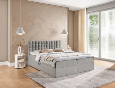 Produktbild von Doppelbett mit Boxspringbett 160x200 SALOMA - Hellgrau + Matratzenauflage