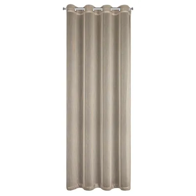 A single beige curtain hanging on a curtain rod against a white background.