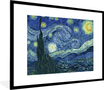 Produktbild von MuchoWow® Gerahmtes Poster Sternennacht - Gemälde - Alte Meister - Vincent van Gogh 80x60 cm - Poster mit Schwarzem Bilderrahmen Wandposter Rahmen Foto Bilder - Schlafzimmer-Dekorationen - Fotoposter