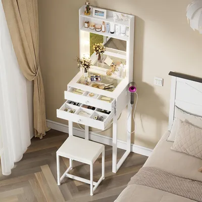 Immagine prodotto di Tavolino da trucco - Comodino da trucco - Specchio illuminato - Piano in vetro