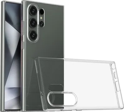 A clear protective phone case is shown next to a smartphone.