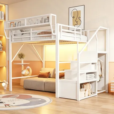 Produktbild von Flieks Etagenbett 140x200cm mit Led, Kinderbett Doppelbett mit Kleiderstange und Ablagen, Hochbett Jugendbett mit Lagerregal und Treppe, Weiß