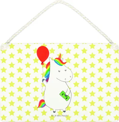 Produktbild von Mr. & Mrs. Panda holzbild Einhorn Luftballon DIN A4 - Weiß - Geschenk, kleine aufmerksamkeit, wandtafel, Freundin, Schild, Türschild, Einhörner, Unicorn, Geld