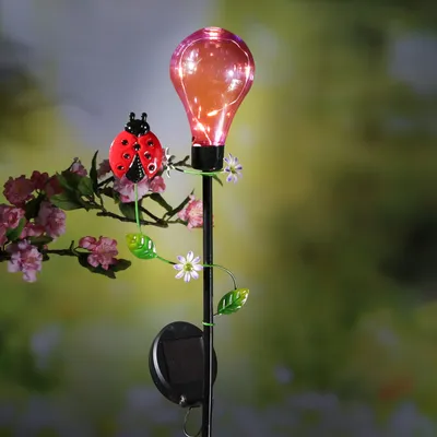 Produktbild von LED Solar Gartenstecker Glühbirne mit Marienkäfer - 5 warmweiße LED - H: 84cm - Lichtsensor