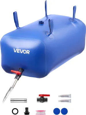 A blue VEVOR water storage bladder with various accessories laid out below it.