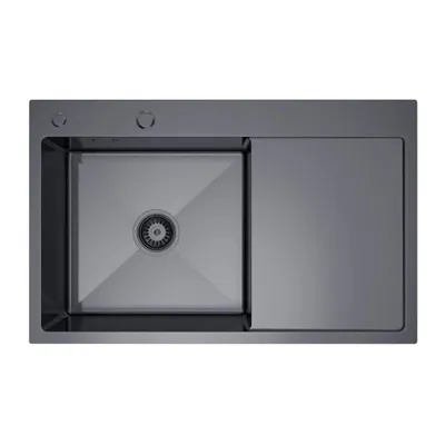 Produktbild von VBChome Küchenspüle 78×49 cm Edelstahl Graphit mit Abtropffläche rechts – 1 Becken Spülbecken Einbauspüle Tiefe 21 cm Mindestunterschrank 50 cm