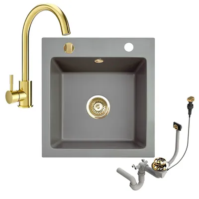 Produktbild von [Granitspüle Grau 49x52 mit Armatur Gold ] Hochwertig Küchenspüle Eckig Einbaugranitspüle Granit f. Unterschränke ab 45 cm inkl. Siphon Set