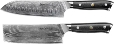 Zdjęcie produktu dla Zestaw noży Blackwell (nóż Santoku + nóż do obierania / nóż Nakiri) - styl japoński - 67 warstw stali damasceńskiej - VG10 - 2-częściowy