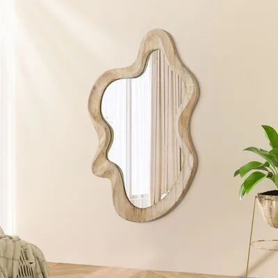 Image de Miroir mural asymétrique, cadre en bois, 55 x 37 cm, finition naturelle