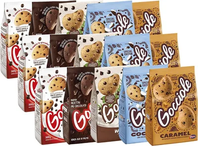 Produktbild von 15x Pavesi Maxi Mix - Assorted Pack with Chocolate, Caramel, Coconut, Wild and Extra Dark Gocciole- Kekse mit Schokoladentropfen