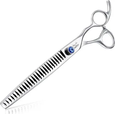 Imagen del producto de Tijeras para perros Unyqoos® – Tijeras de adelgazamiento de 20 cm (8") para perros y gatos, con 26 dientes, fabricadas en acero inoxidable japonés 440C, para uso con la mano derecha, con tornillo de ajuste de diamante y mango ergonómico desplazado