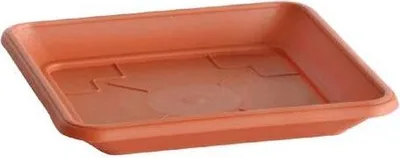 A square terracotta plant saucer is shown from a slightly elevated angle against a white background.