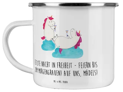 Produktbild von Mr. & Mrs. Panda Emaille Tasse Junggesellinnenabschied Feiern - Weiß - Geschenk, Teetasse, Pott, einzigartig, becher, Hochzeit, Haferl, Heirat, Geschenke, Heiraten