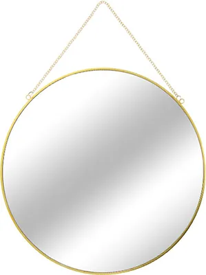 A round wall mirror with a gold frame and a hanging chain, isolated on a white background.