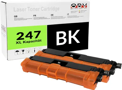 A product shot of two black toner cartridges with orange plastic casings, placed in front of their product packaging.