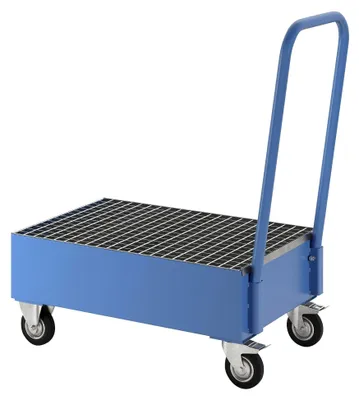 Produktbild von Mobile Auffangwanne aus Stahlblech | 800 x 500 mm | Für 2 stehende 60-l-Fässer | Blau RAL 5012