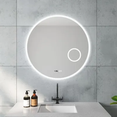 Produktbild von AQUABATOS Badspiegel, Rund, 80 cm, LED hinterleuchtet Kaltweiß 6400K, mit Uhr, 3x Kosmetikspiegel, Antibeschlag, dimmbar, Touch- & Wandschalter, Memory-Funktion, A++