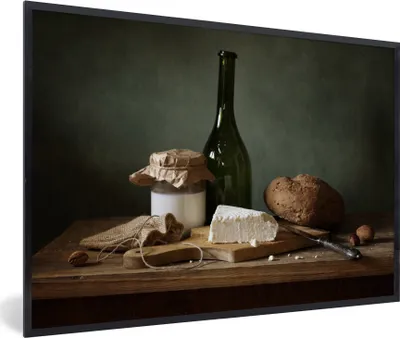 Produktbild von MuchoWow® Gerahmtes Poster Rustikal - Brie - Stillleben - Flasche - Brot 90x60 cm - Poster mit Schwarzem Bilderrahmen Wandposter Rahmen Foto Bilder - Fotorahmen - Foto-Plakat