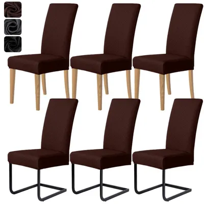 Obrázok produktu pre Sada 6 ochranných poťahov na stoličky, vzor Jacquard, elastické, hnedé, vhodné do jedálne, umývateľné