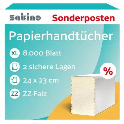 Produktbild von 8.000 Papierhandtücher 2-lagig –  - ZZ-Falz – 24 x 23 cm – fusselfrei – saugstark – 40 x 200 Blatt – gefaltet: 24 x 11,5 cm – Handtuchpapier für