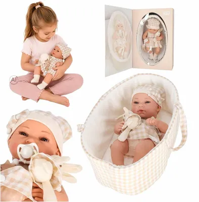 Imagen del producto de Muñeca Panenka con portabebés, conejito de peluche, color beige
