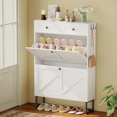 Imagen del producto de Zapatero con 2 compartimentos abatibles, zapatero estrecho con 2 cajones, mueble para zapatos ideal para pasillo, entrada o salón, dimensiones: 75 x 22 x 112 cm, color blanco