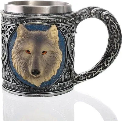Obrázek produktu pro 3D hrnek s motivem vlka, nerezová ocel, středověký styl, 450 ml, na pivo, kávu, rum, jako dárek, dekorace