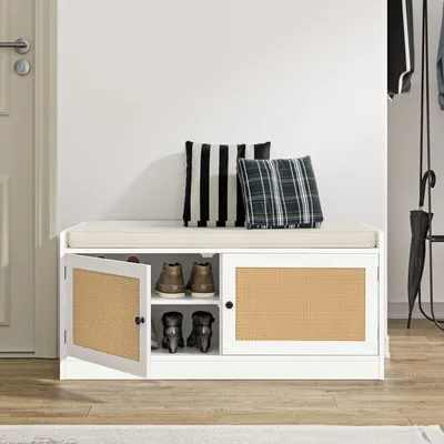 Schuhbank mit Sitzfläche, Holz & Rattan, 101x40x46 cm, weiß
