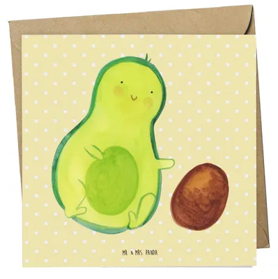 Produktbild von Mr. & Mrs. Panda Grußkarte Avocado Kern rollt - Gelb Pastell - Geschenk, anlasskarte, Geburtstag, Glückwunschkarte, Schwanger, Liebe, Wunder, Klappkarte, Gesund