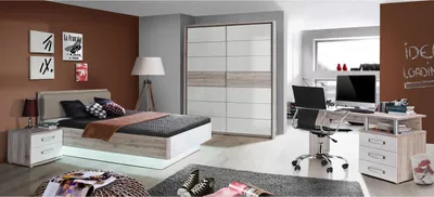 Produktbild von Bett Rondino Jugendzimmerbett in Sandeiche und weiß Hochglanz 140x200 cm