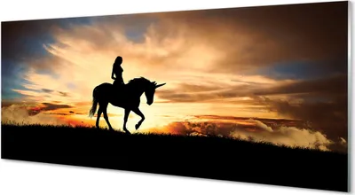 Produktbild von Glasbilder 125x50 Wandkunst Frau auf Einhorn Sonnenuntergang