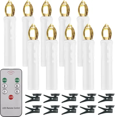 Zdjęcie produktu dla Zestaw 10 sztuk świec LED bez płomienia, z pilotem i klipsami, możliwość regulacji jasności, migające diody LED, zasilane bateriami, elektryczne, bezprzewodowe, sztuczne świece, świeczki do dekoracji pomieszczeń, imprez, ołtarzy, oraz choinek świątecznych