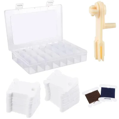 100 Borduurgarnspulen mit Box und Winder, Kunststoff, weiß, 4 × 3,7 cm
