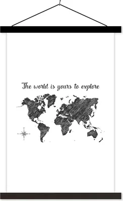 Produktbild von MuchoWow® Textilposter Weltkarte - Zitate - Schwarz - Weiß 40x60 cm mit schwarzem Rahmen - Wanddekorationen