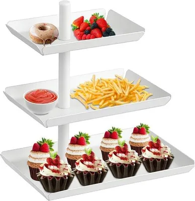 Image de Plateau tournant à trois étages pour fruits et desserts - Plateau métallique de présentation et de service - Plateau de service pour gâteaux, pâtisseries, biscuits et fruits (blanc)