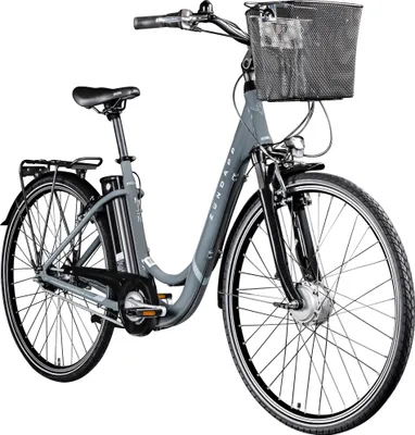 A studio shot of a gray electric bicycle with a black basket and seat.