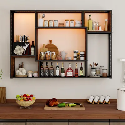 Produktbild von Puluomis Wandregal mit RGB Beleuchtung 120cm MDF Holzplatte und Metallrahmen max 20kg Belastbarkeit pro Fach wahlweise Wandmontage oder Stehend
