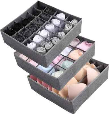 Zdjęcie produktu dla Uniqoos® Zestaw 3 organizerów do szuflad, 32x32x10 cm – pojemniki do przechowywania z 24/16/7 przegródkami, składane, wykonane z materiału filcowego, z zamkiem błyskawicznym, idealne do przechowywania skarpet i bielizny