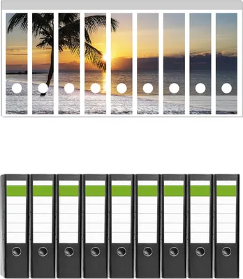Produktbild von Wallario 9 Stück breite Ordner inkl. Klebeetiketten mit Motive Palme am Strand - Sonnenuntergang über dem Meer -  Set mit Rückenschildern / Ordnerrücken Stickern