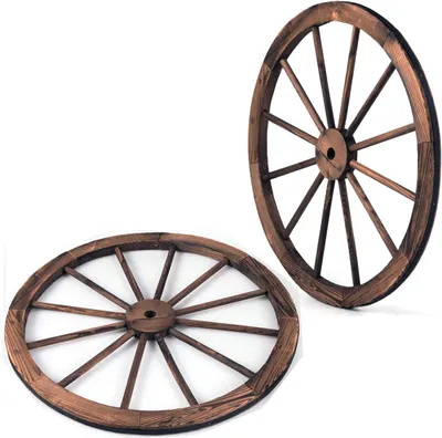 Immagine prodotto di 2 ruote di carro in legno, ruota in legno a 12 raggi, decorativa marrone con lamiera di ferro, ruota decorativa per bar, giardino, ristoranti, 76x76x3,5 cm