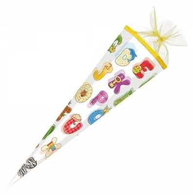 Produktbild von Schultüte ABC 85 cm 6-eckig, Verschluss aus Tüll, Textilborte