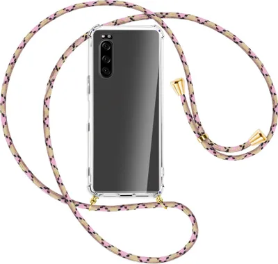 Produktbild von Handykette Backcover-Schutzhülle mit Band (Metall goldfarben) für Sony Xperia 5 - rosa Karo