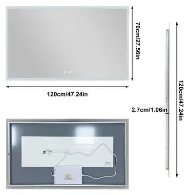 Image de Miroir de salle de bain LED - Miroir mural de maquillage - Anti-buée - Verre trempé - 3 températures de couleur - Écran tactile avec fonction mémoire - Rectangulaire, 120x70 cm